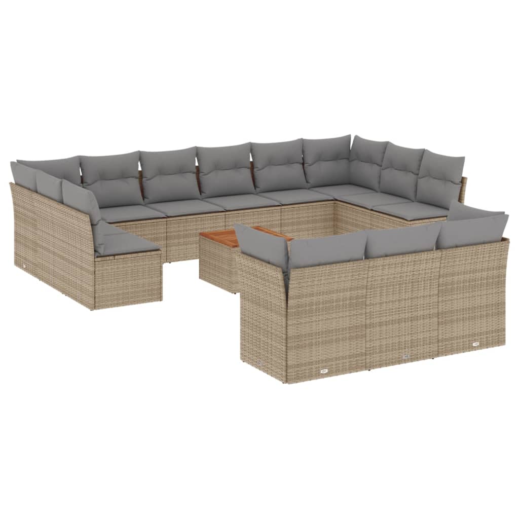 14-tlg. Garten-Sofagarnitur mit Kissen Beige Poly Rattan