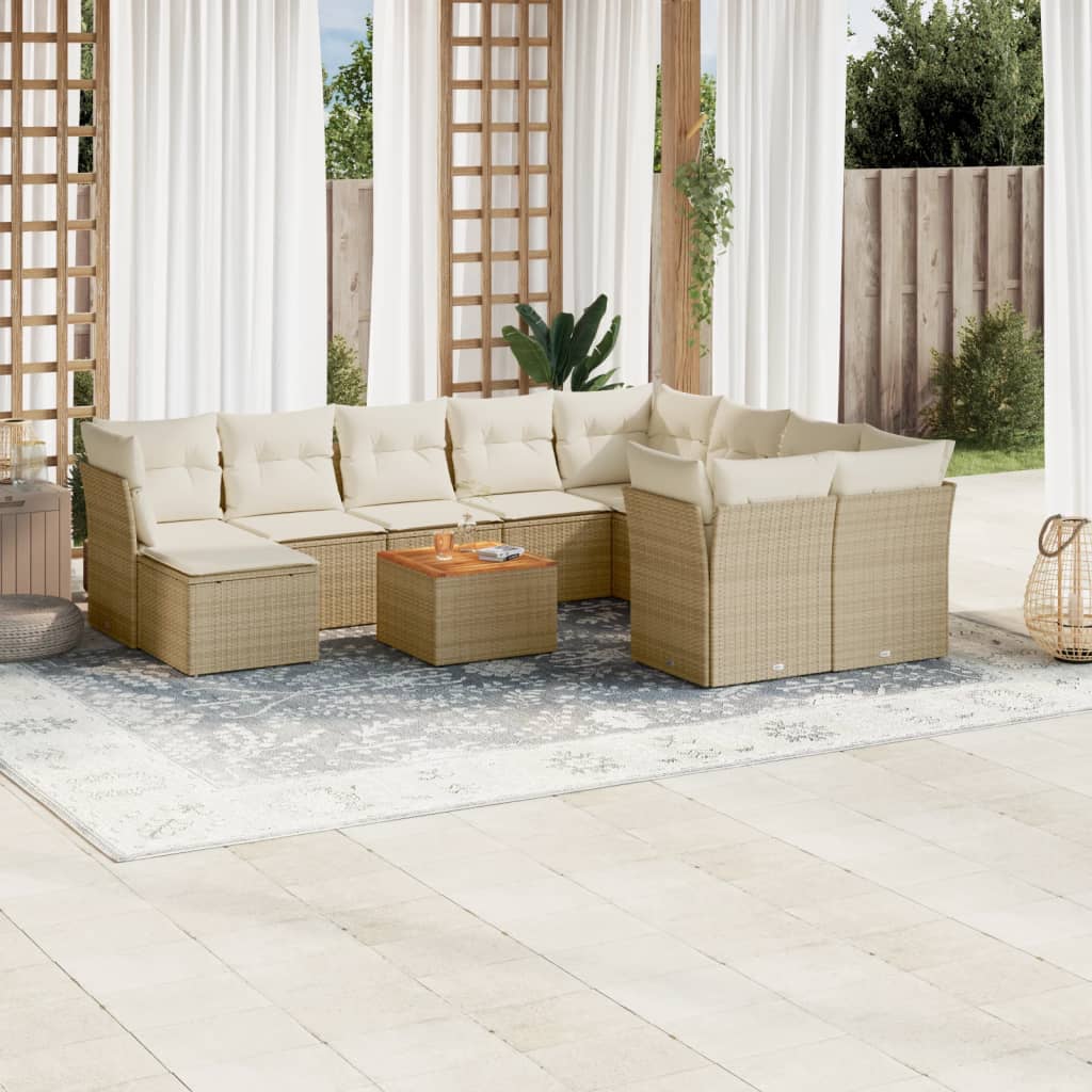 11-tlg. Garten-Sofagarnitur mit Kissen Beige Poly Rattan