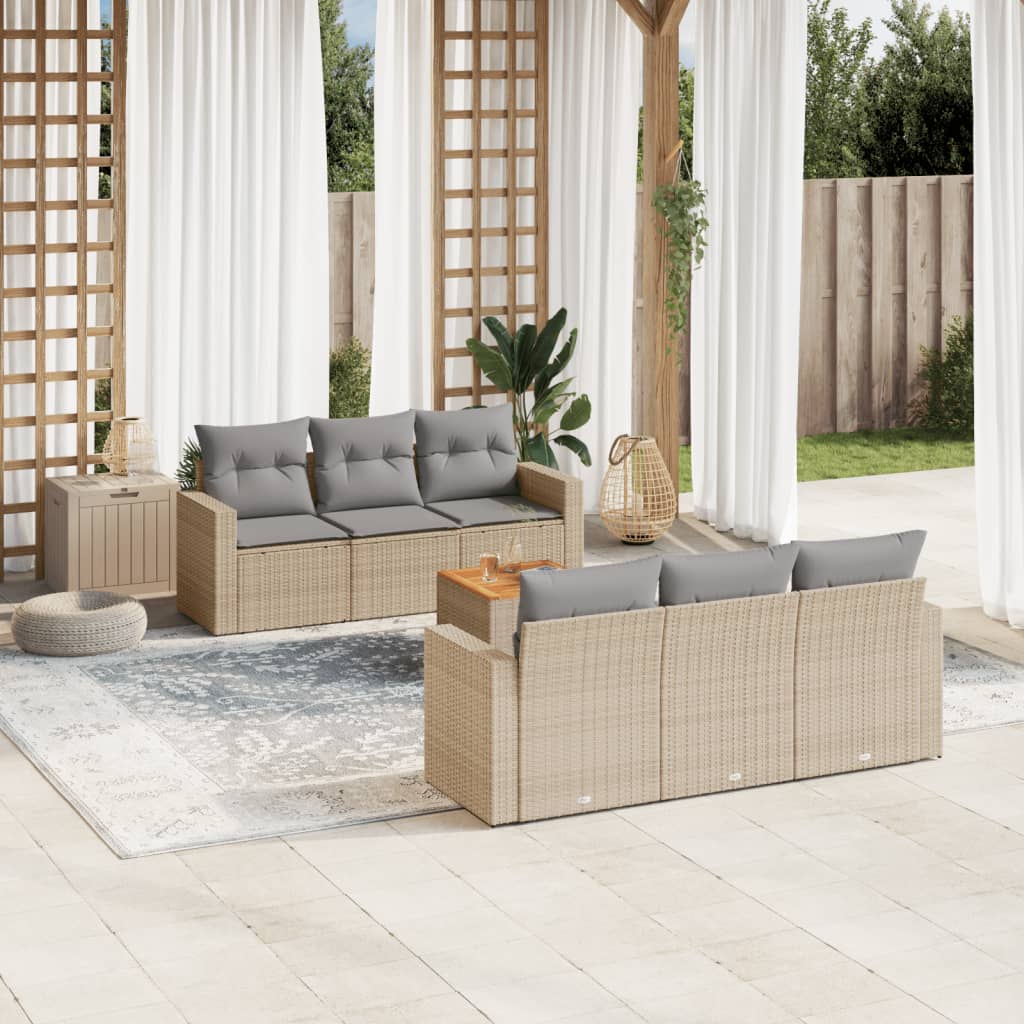 7-tlg. Garten-Sofagarnitur mit Kissen Beige Poly Rattan