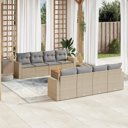 9-tlg. Garten-Sofagarnitur mit Kissen Beige Poly Rattan