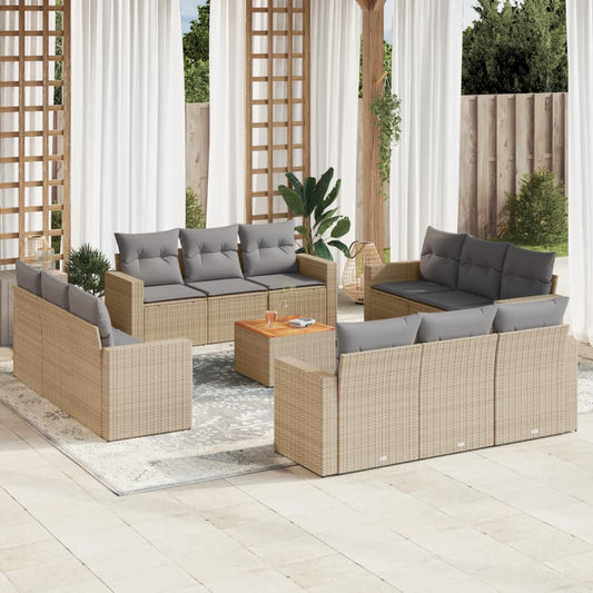 13-tlg. Garten-Sofagarnitur mit Kissen Beige Poly Rattan