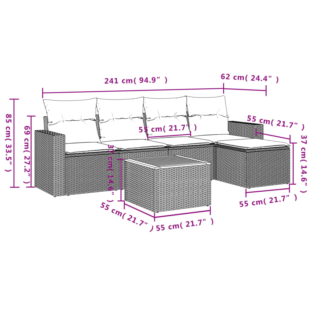 6-tlg. Garten-Sofagarnitur mit Kissen Schwarz Poly Rattan