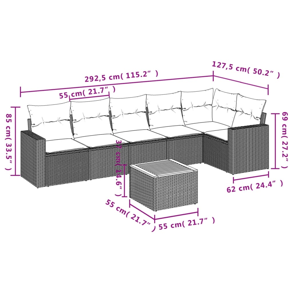 7-tlg. Garten-Sofagarnitur mit Kissen Schwarz Poly Rattan