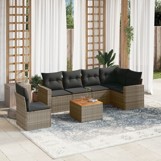 7-tlg. Garten-Sofagarnitur mit Kissen Grau Poly Rattan