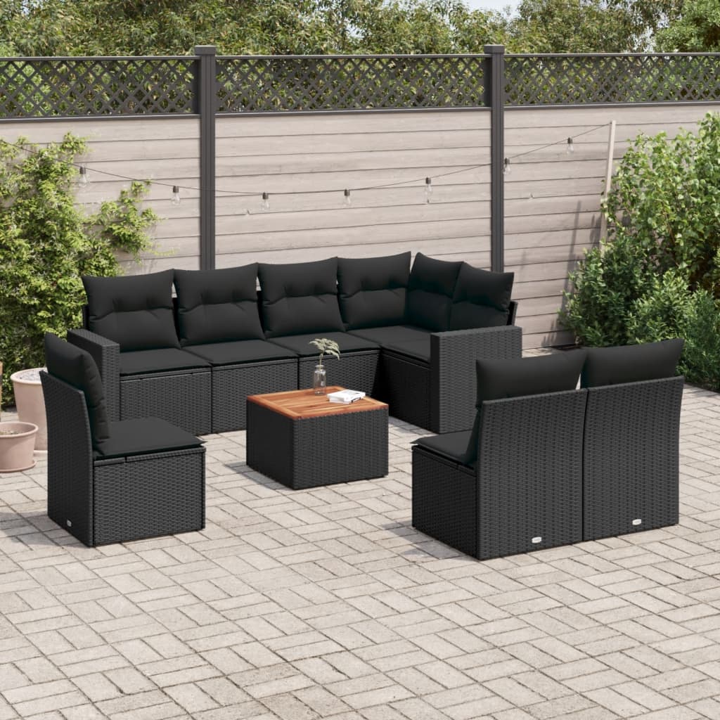 9-tlg. Garten-Sofagarnitur mit Kissen Schwarz Poly Rattan