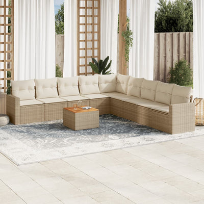 10-tlg. Garten-Sofagarnitur mit Kissen Beige Poly Rattan