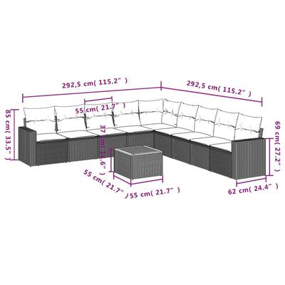 10-tlg. Garten-Sofagarnitur mit Kissen Grau Poly Rattan