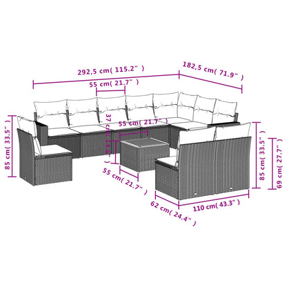 11-tlg. Garten-Sofagarnitur mit Kissen Schwarz Poly Rattan