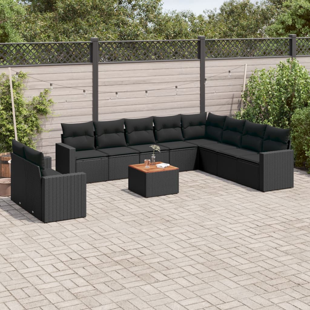 11-tlg. Garten-Sofagarnitur mit Kissen Schwarz Poly Rattan