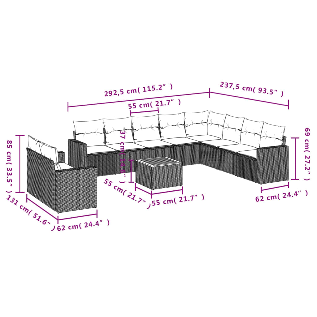 11-tlg. Garten-Sofagarnitur mit Kissen Grau Poly Rattan