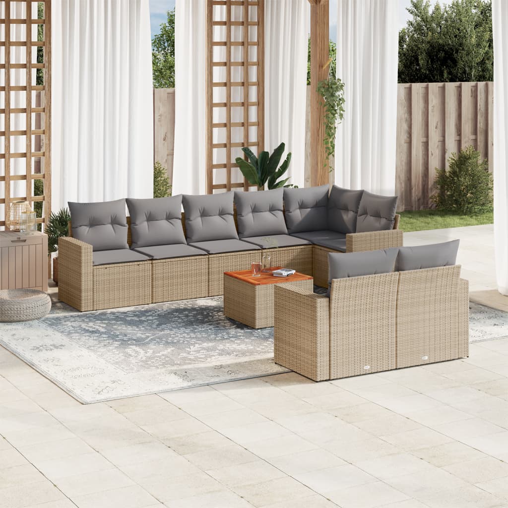 9-tlg. Garten-Sofagarnitur mit Kissen Beige Poly Rattan