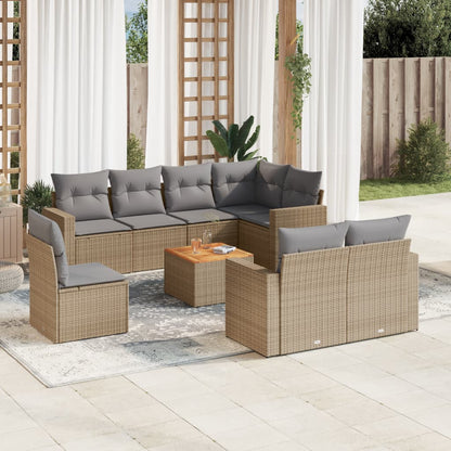 9-tlg. Garten-Sofagarnitur mit Kissen Beige Poly Rattan