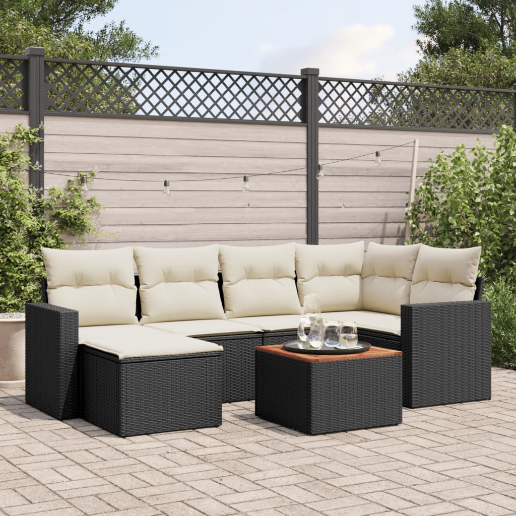 7-tlg. Garten-Sofagarnitur mit Kissen Schwarz Poly Rattan