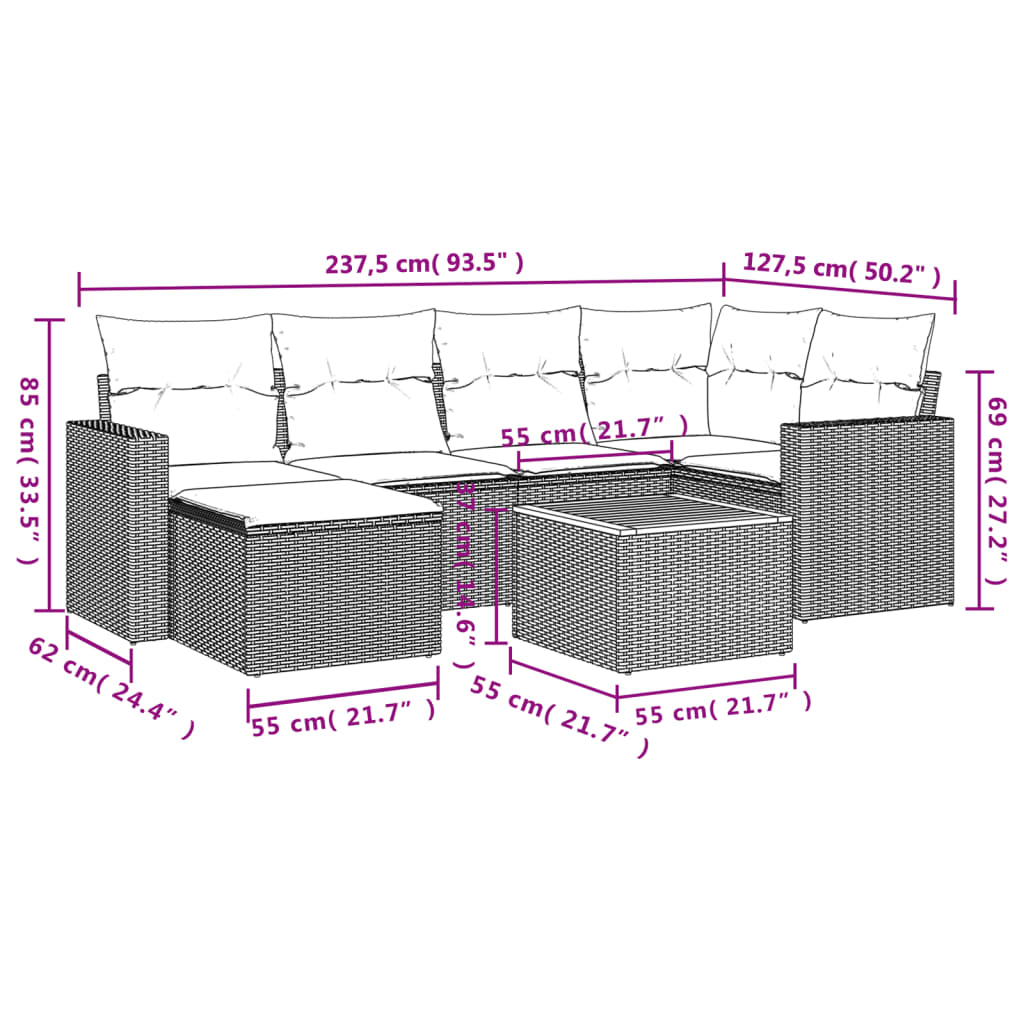 7-tlg. Garten-Sofagarnitur mit Kissen Grau Poly Rattan