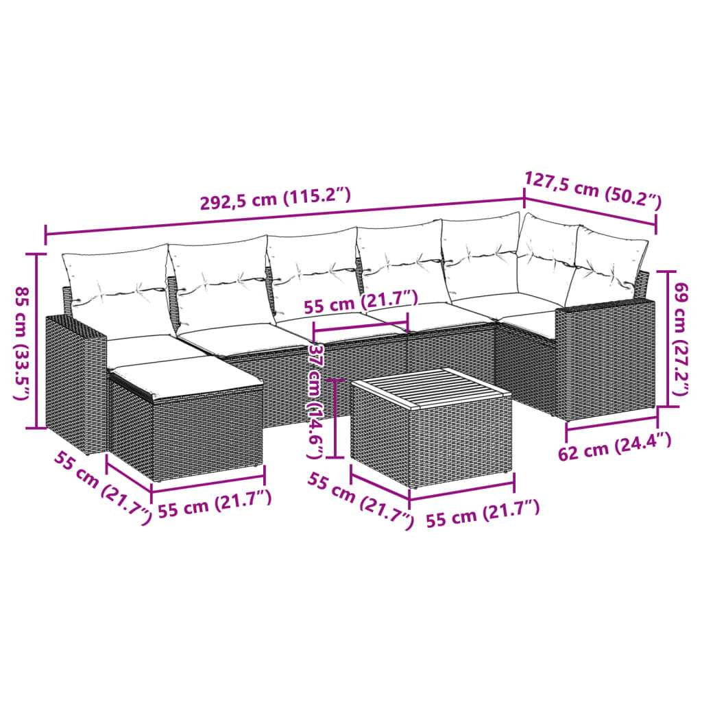 8-tlg. Garten-Sofagarnitur mit Kissen Schwarz Poly Rattan