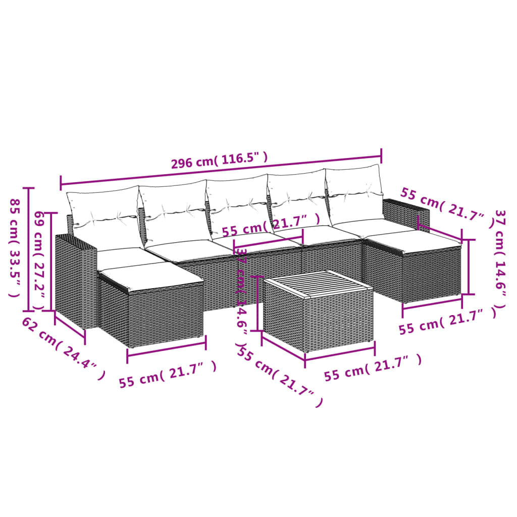 8-tlg. Garten-Sofagarnitur mit Kissen Schwarz Poly Rattan