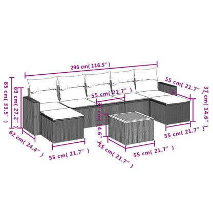 8-tlg. Garten-Sofagarnitur mit Kissen Grau Poly Rattan