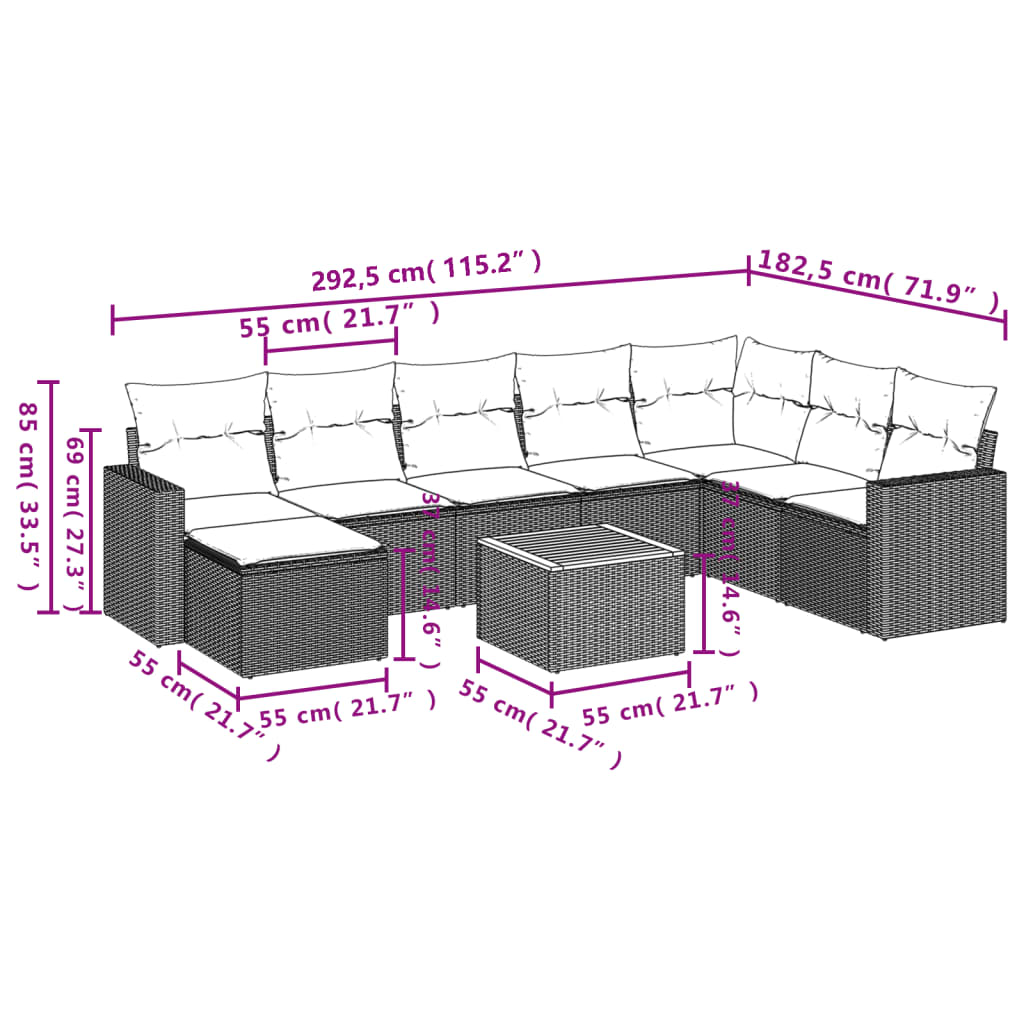 9-tlg. Garten-Sofagarnitur mit Kissen Beige Poly Rattan