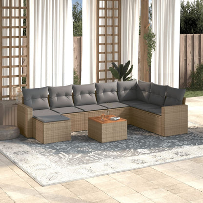 9-tlg. Garten-Sofagarnitur mit Kissen Beige Poly Rattan