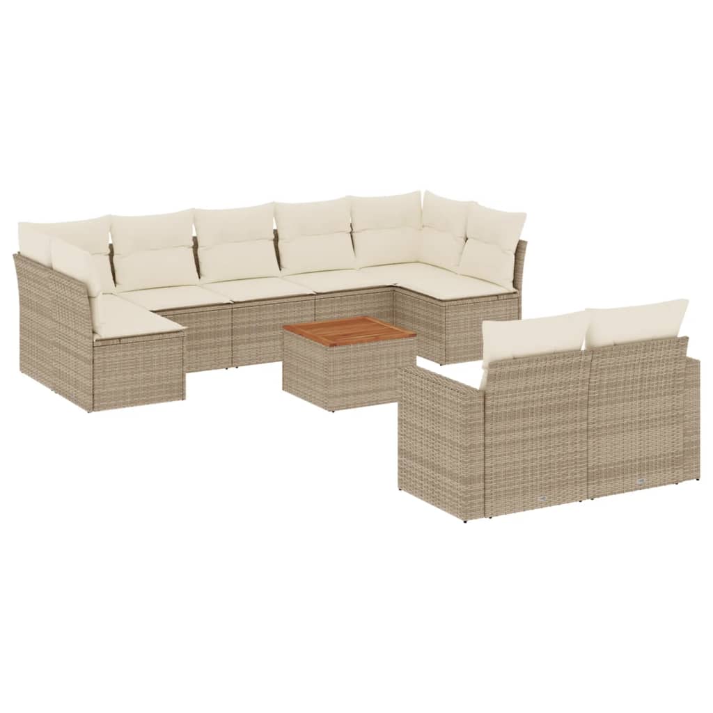 10-tlg. Garten-Sofagarnitur mit Kissen Beige Poly Rattan