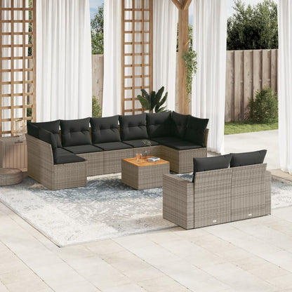 10-tlg. Garten-Sofagarnitur mit Kissen Grau Poly Rattan