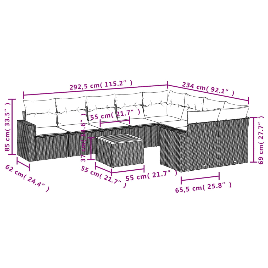 10-tlg. Garten-Sofagarnitur mit Kissen Grau Poly Rattan