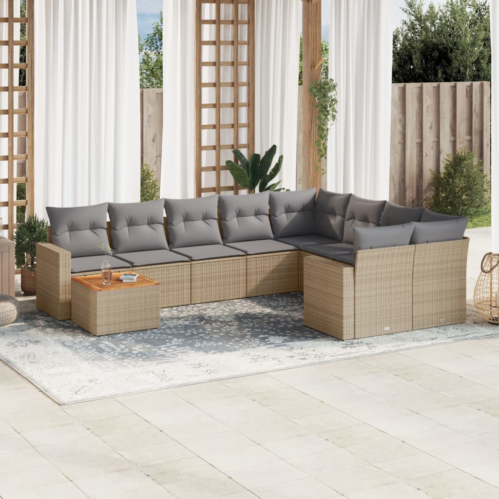 10-tlg. Garten-Sofagarnitur mit Kissen Beige Poly Rattan