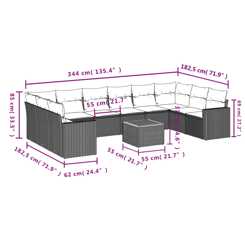 11-tlg. Garten-Sofagarnitur mit Kissen Schwarz Poly Rattan