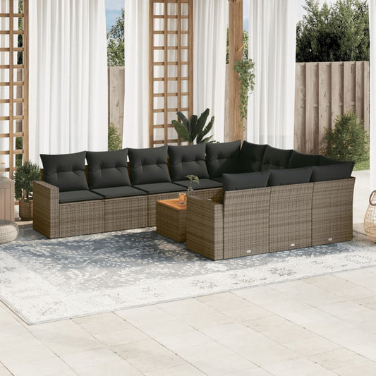 11-tlg. Garten-Sofagarnitur mit Kissen Grau Poly Rattan