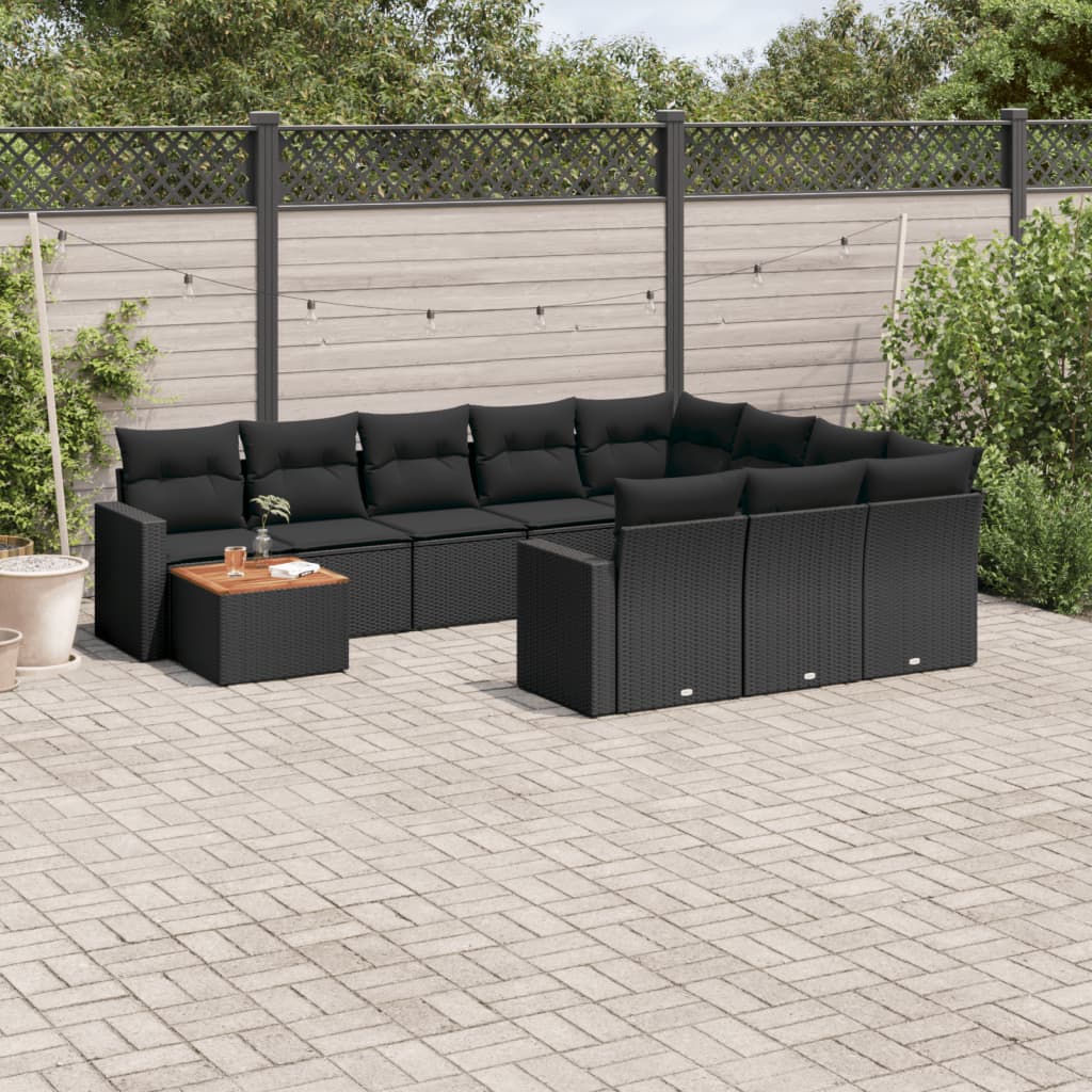 11-tlg. Garten-Sofagarnitur mit Kissen Schwarz Poly Rattan