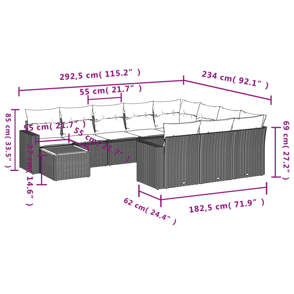 11-tlg. Garten-Sofagarnitur mit Kissen Schwarz Poly Rattan