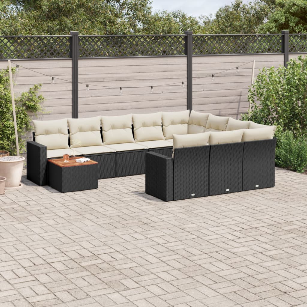 11-tlg. Garten-Sofagarnitur mit Kissen Schwarz Poly Rattan