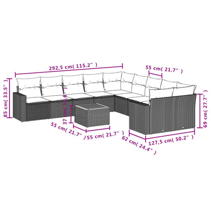 11-tlg. Garten-Sofagarnitur mit Kissen Schwarz Poly Rattan