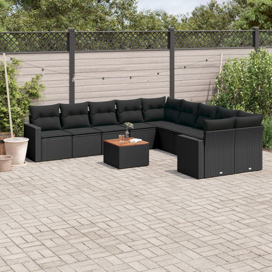 11-tlg. Garten-Sofagarnitur mit Kissen Schwarz Poly Rattan