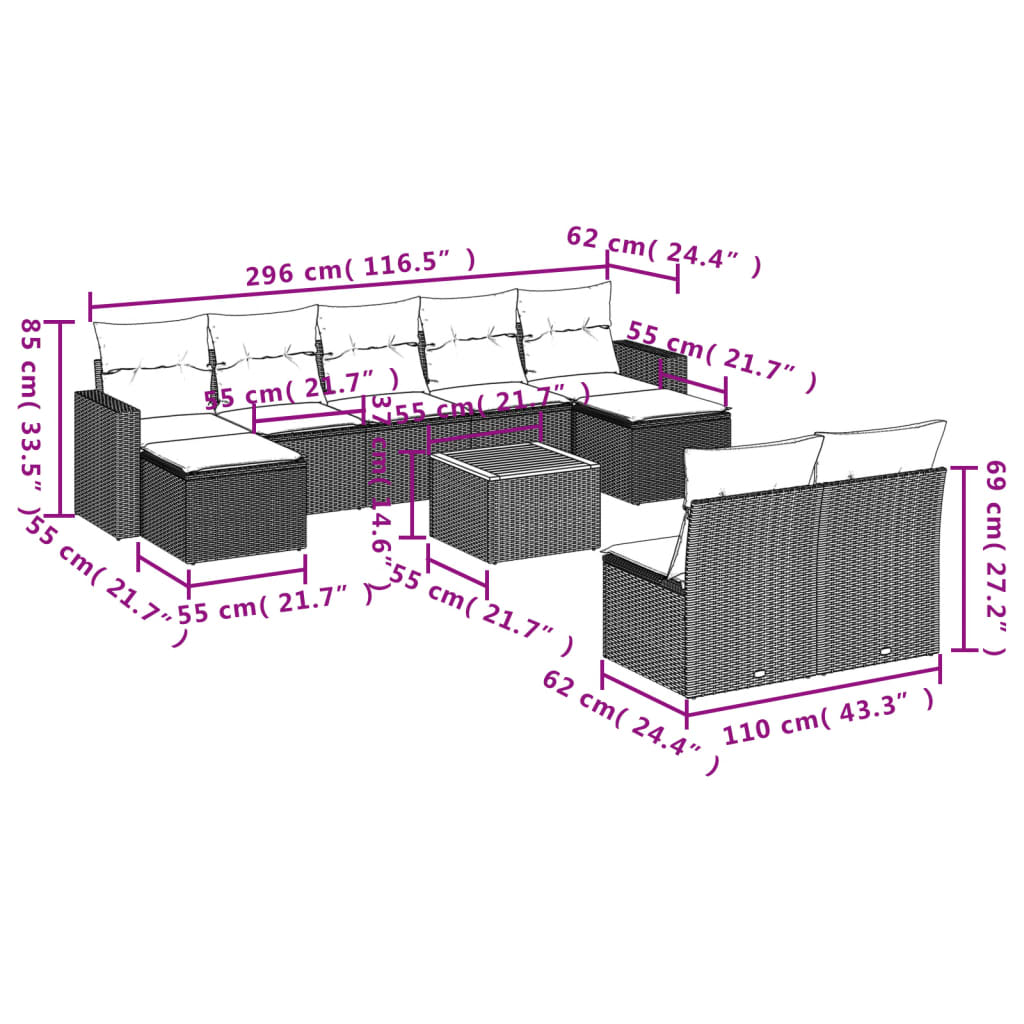 10-tlg. Garten-Sofagarnitur mit Kissen Schwarz Poly Rattan