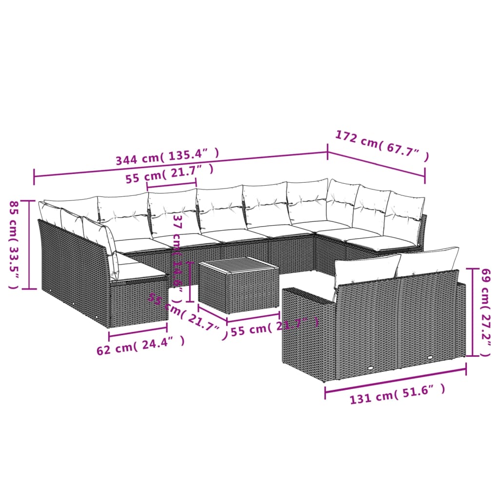 13-tlg. Garten-Sofagarnitur mit Kissen Schwarz Poly Rattan