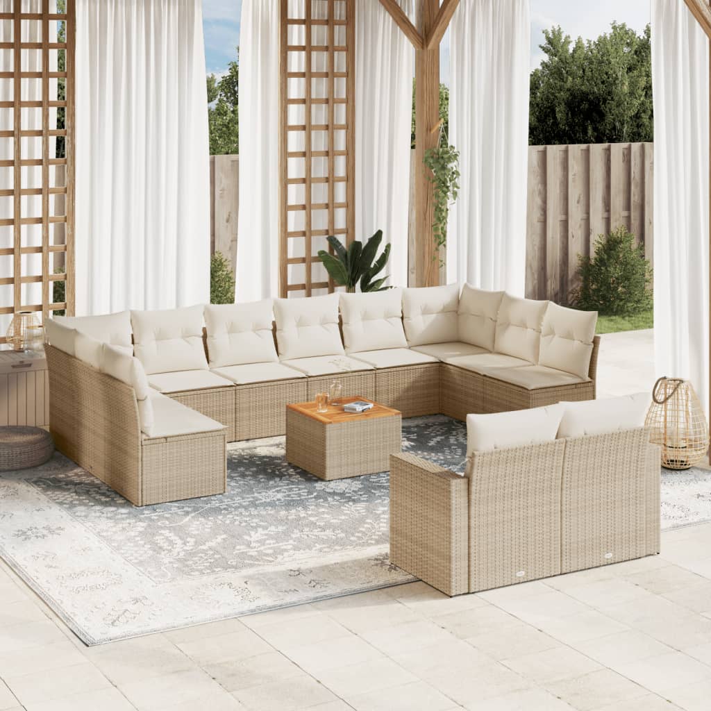 13-tlg. Garten-Sofagarnitur mit Kissen Beige Poly Rattan