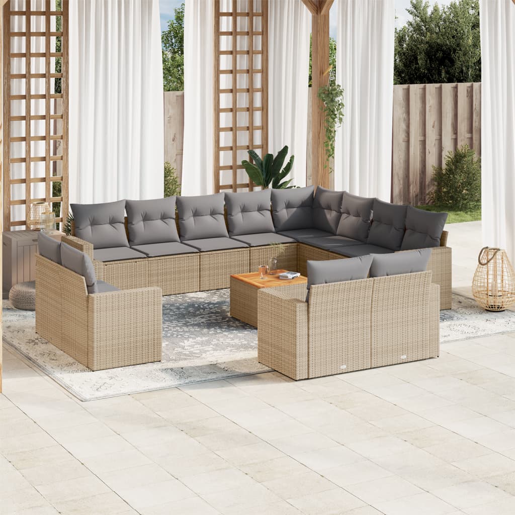 13-tlg. Garten-Sofagarnitur mit Kissen Beige Poly Rattan