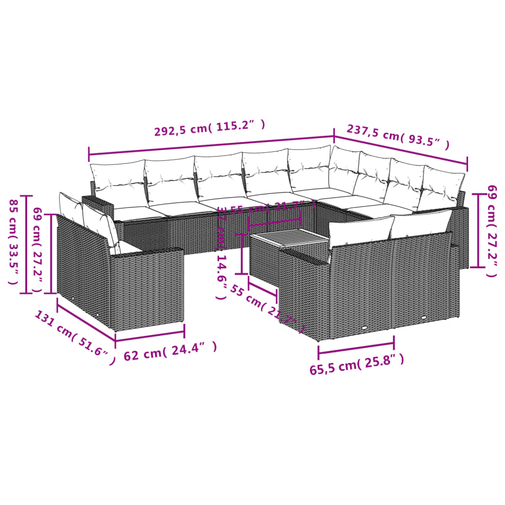 13-tlg. Garten-Sofagarnitur mit Kissen Grau Poly Rattan