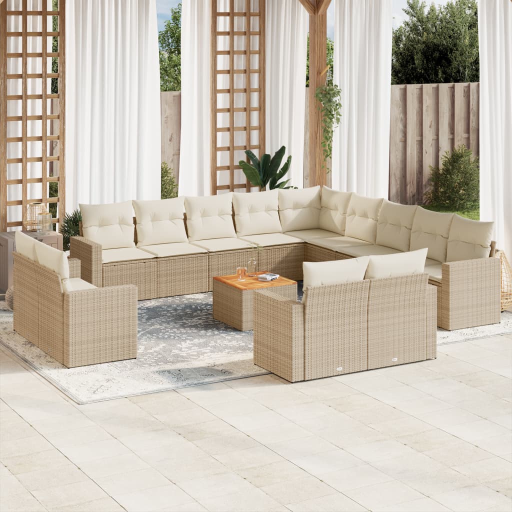 14-tlg. Garten-Sofagarnitur mit Kissen Beige Poly Rattan