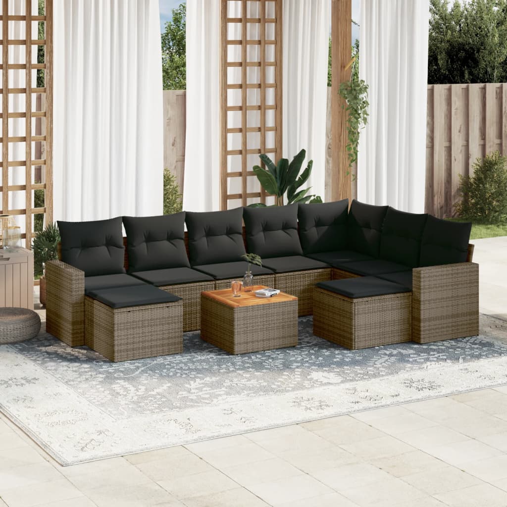 10-tlg. Garten-Sofagarnitur mit Kissen Grau Poly Rattan