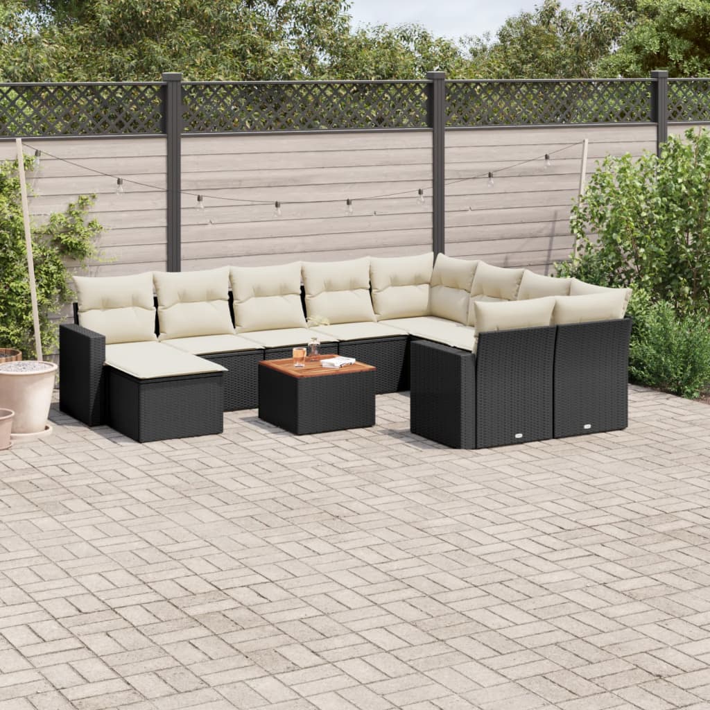 11-tlg. Garten-Sofagarnitur mit Kissen Schwarz Poly Rattan