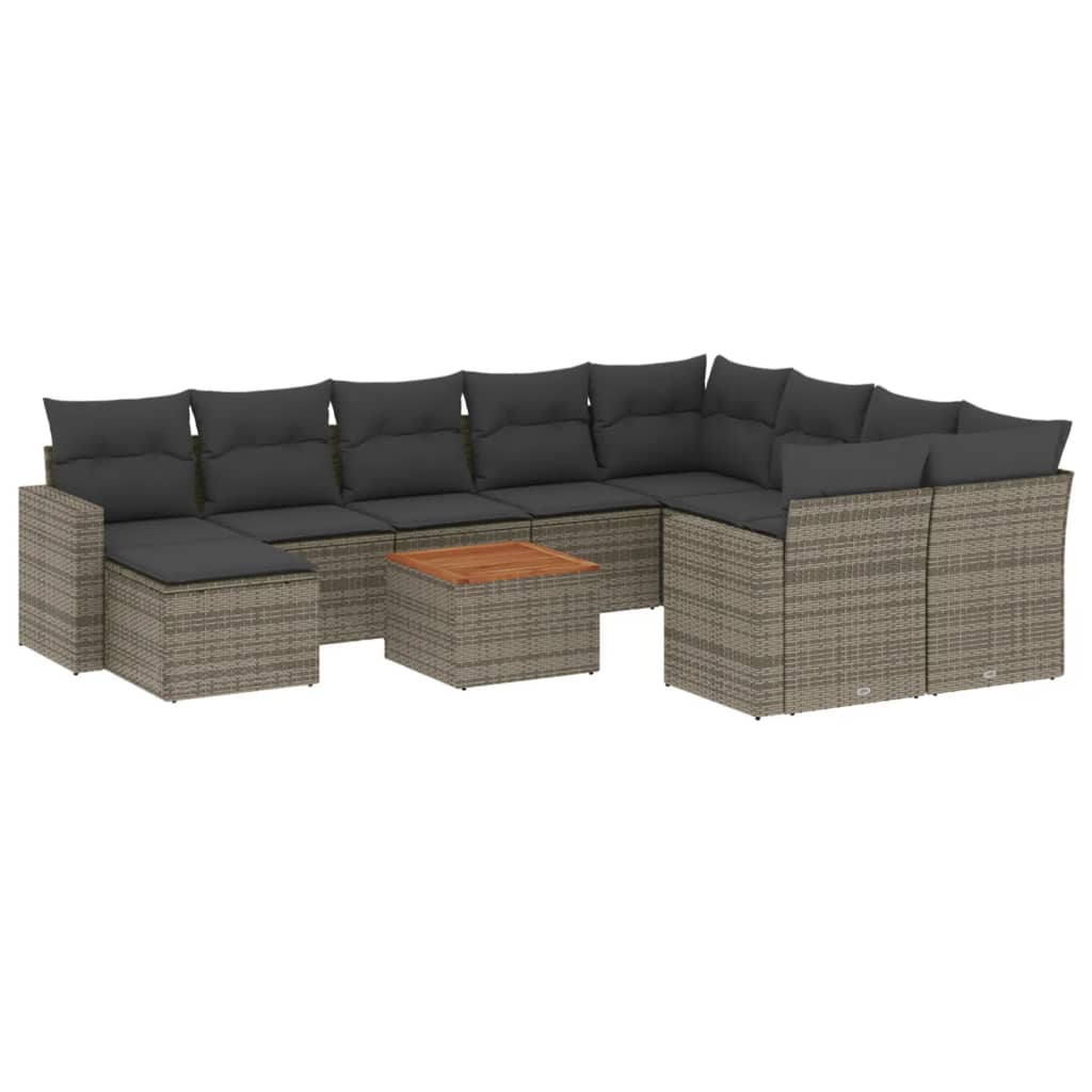 11-tlg. Garten-Sofagarnitur mit Kissen Grau Poly Rattan