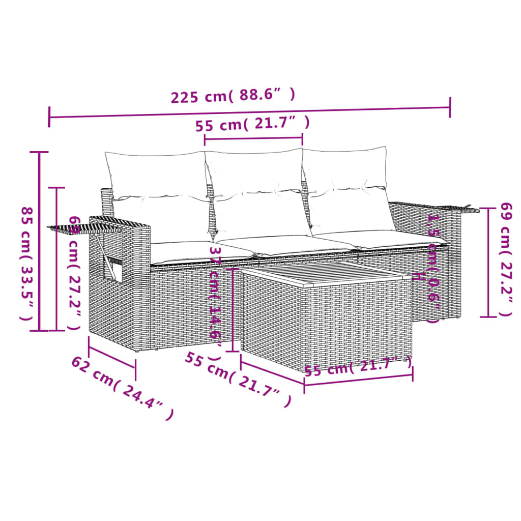 4-tlg. Garten-Sofagarnitur mit Kissen Grau Poly Rattan