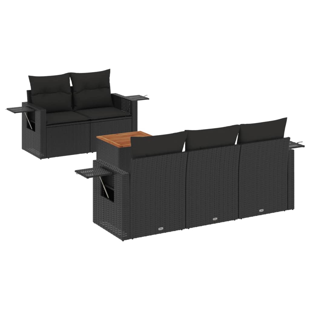 6-tlg. Garten-Sofagarnitur mit Kissen Schwarz Poly Rattan