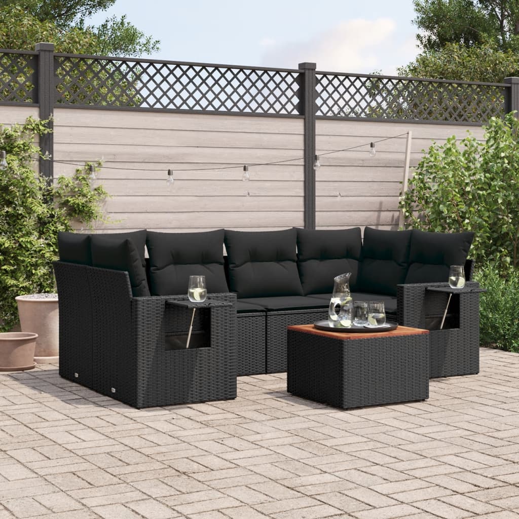 7-tlg. Garten-Sofagarnitur mit Kissen Schwarz Poly Rattan