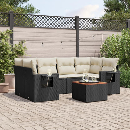 7-tlg. Garten-Sofagarnitur mit Kissen Schwarz Poly Rattan