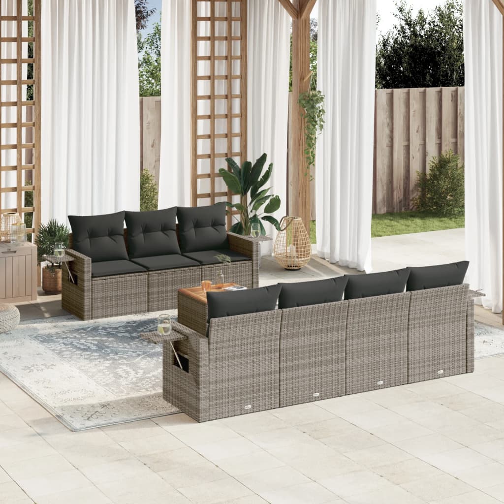 8-tlg. Garten-Sofagarnitur mit Kissen Grau Poly Rattan