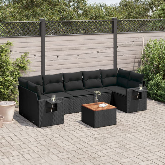 8-tlg. Garten-Sofagarnitur mit Kissen Schwarz Poly Rattan