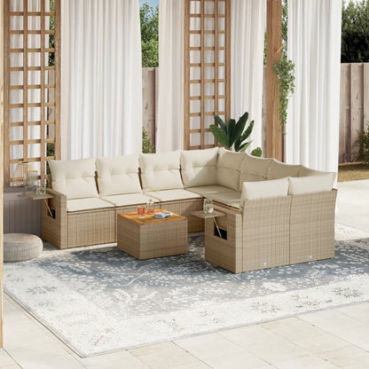 9-tlg. Garten-Sofagarnitur mit Kissen Beige Poly Rattan